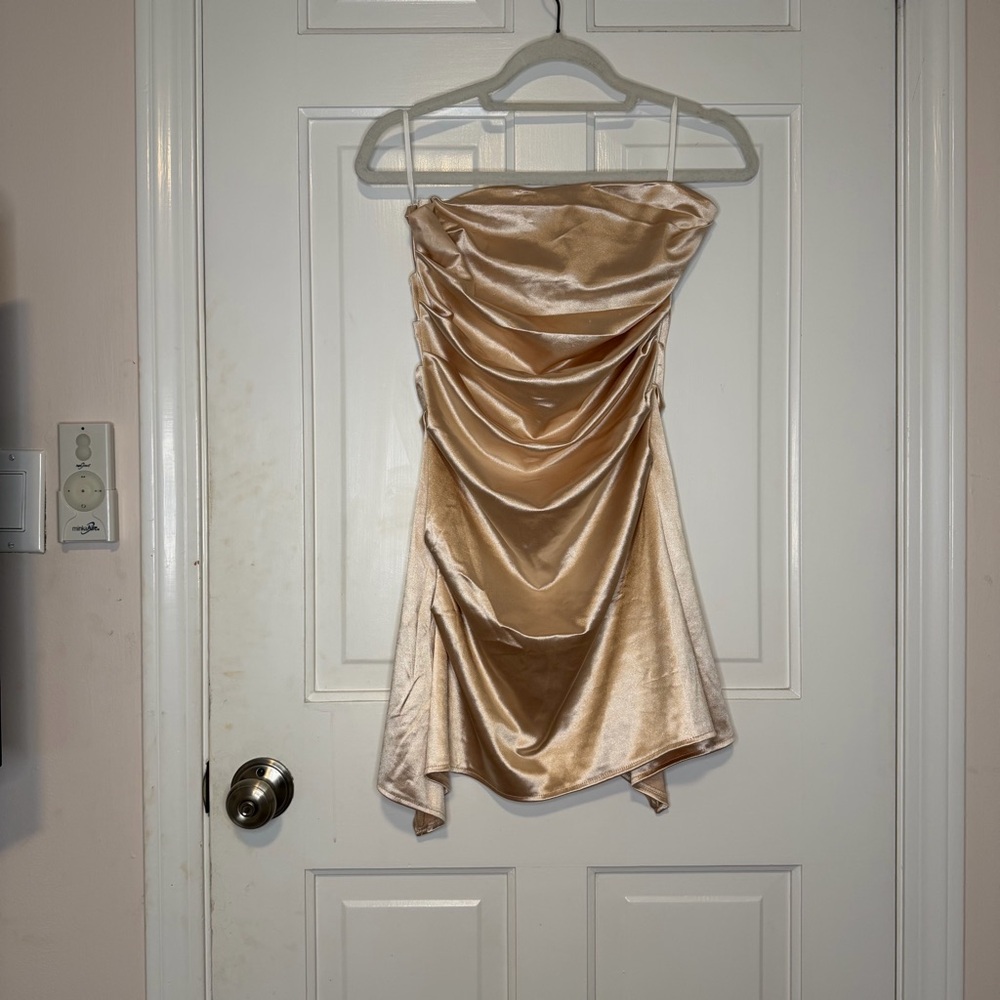 Gold Metallic Strapless Ruched Mini Dress | Sorority Formal / Party - Picture 2 of 4